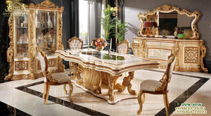 Juego de Mesa de Comedor de Madera de Teca Tallada a Mano con Acabado Moderno, Diseño Moderno con Acabado Negro Dorado y Sillas con Decoraciones de Boda - Product Image 6