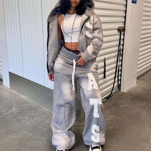 Ensemble de survêtement en coton 100% lourd, délavé au soleil d'hiver, fabriqué sur mesure, impression en relief, pantalon de survêtement évasé, sweat-shirt - Product Image 6