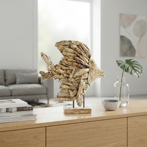 Sculpture artisanale de poisson dory en bois flotté, statue nautique rustique en teck sculpté, avec base en bois, pour décoration de table ou d'appoint. - Product Image 4