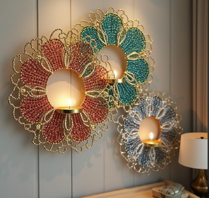 Vibrant crystal-studded floral <b>wall</b> <b>sconces</b> in teal, red, and silver. Available at wholesale prices. - Product Image 1