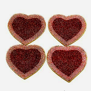 Heart Shape Red <b>Beaded</b> with Red Outline Handmade <b>Coaster</b> Set of Four Pieces - Product Image 1