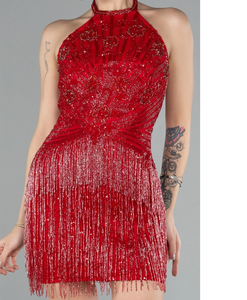 Robe de soirée courte longueur licou Style tissu en mousseline de soie cristaux de pierre droite paillettes perlées Style de fête antistatique respirant - Product Image 6