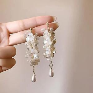 925 Silver Needle White Flower <b>Long</b> Tassel <b>Earrings</b> Designer Studs - Product Image 5
