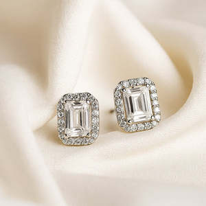 NOVAMART Fine Zarkan AD Pure Silver <b>Earring</b> with <b>Cute</b> Stud Geometric Bezel Setting Emerald Cut Diamond Religious Style for Weddi - Product Image 1