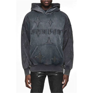 Hot Selling Premium Quality Distressed Embroidery Design <b>Acid</b> Washed <b>Drop</b> Shoulder Customize Oversize Unisex Pullover Hoodies - Product Image 1