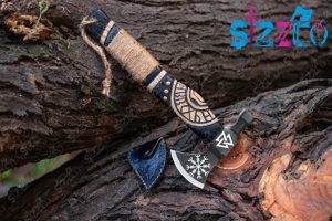 Custom Hand Forged Carbon Steel Viking <b>Bearded</b> Axe Engraved Norse Vegvisir Valknut Hatchet Carved Wooden Handle Camping Tomahawk - Product Image 5