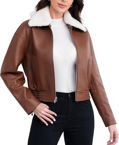 Chaqueta de cuero para mujer, chaqueta bomber recortada de piel de cordero, cuello Sherpa extraíble, dobladillo elástico frontal con cremallera - Product Image 2