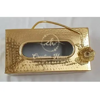 Designer Gold Plated Stainless Steel Rectangle Shape Napkin Tissue Box With Decorative Brass Flower For Hotel Home & Restaurant
