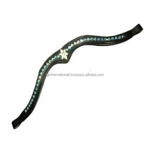 Bande de sourcils de cheval en cuir pur noir rembourré doux fait à la main confortable avec des cristaux verts décoratifs strass Bling et étoile - Product Image 5