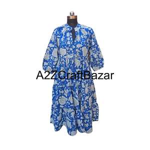 Robe midi en coton pour femmes, col en V, style bohème, imprimé floral Himanshi, imprimé numérique, décontractée, à porter au quotidien, respirante, naturelle, ample, nettoyage à sec - Product Image 1