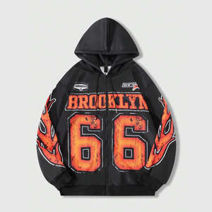 ชุดเซ็ตแทรคสูทลำลองสำหรับผู้ชาย เสื้อฮู้ดซิปพิมพ์ลายตัวอักษรและเปลวไฟ พร้อมกางเกงขายาวทรงกว้างมีเชือกผูกเอว สินค้าขายส่งกำลังเป็นที่นิยม - Product Image 2