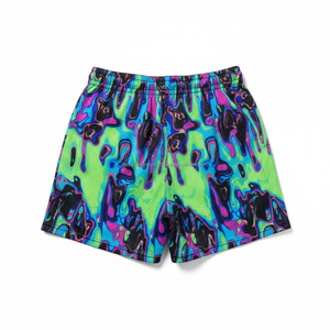 Shorts en maille pour hommes, séchage rapide, OEM, imprimé abstrait vibrant, design liquide néon, shorts de plage d'été - Product Image 2