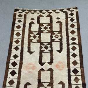 Turkish Vintage Runner Rug 3.1x12.1 ft, Kilim <b>Brown</b> <b>Wool</b> Rug - Product Image 5