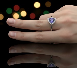 Anillo de Compromiso de Plata de Ley 925 con Tanzanita en Corte Trillón, Doble Halo Brillante, Piedra de Nacimiento de Diciembre, Engaste de Puntas, Rodio - Product Image 2