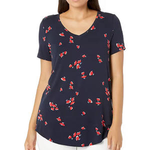 Hot Selling Navy Floral V-Neck <b>Tunic</b> <b>Top</b> for Women Soft Knit Casual Loose-Fit <b>Short</b> <b>Sleeve</b> T Shirts For Women Summer Wear - Product Image 5