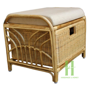 Natural Brown Rattan Ottoman Bohemian White Cushion Upholstered Vintage Rattan <b>Footstool</b> OEM Package in HNH Craft Factory - Product Image 5