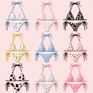 Women Trendy Floral <b>Bikini</b> <b>Set</b> String Halter Triangle Swimwear Lightweight Vacation Beach Holiday Fashion Outfit - Product Image 1