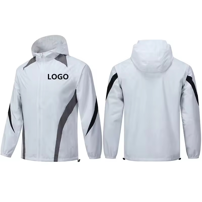 Custom Eco-Friendly White Men Soccer Training Rain Jacket Football Windbreaker Hoodie Active Tops Club Kids Wool/Nylon Regular