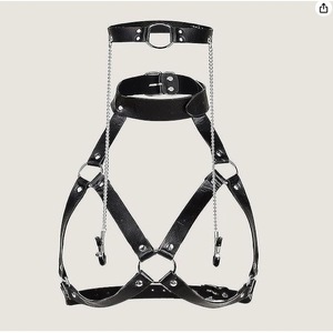 Ensemble de jeu de rôle sensuel en cuir noir : collier de cou, pinces à tétons, corset et bustier - Product Image 4