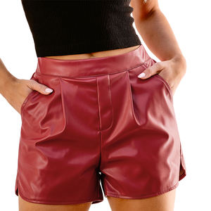 Shorts en cuir pour femmes, couleur unie, taille haute, poches latérales, shorts décontractés à la mode pour femmes, au prix de gros - Product Image 1