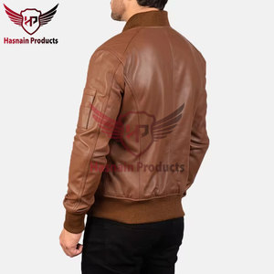 <b>Mens</b> Real Tan <b>Leather</b> Bomber <b>Jacket</b> Rib Collar Zip Sleeve Pocket Quilted Placket Sheepskin Flight Coat Custom Brown Winter Out - Product Image 5