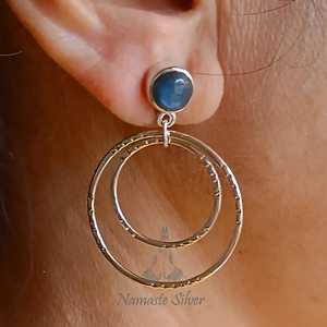 925 Sterling <b>Silver</b> <b>Dangle</b> <b>Earrings</b> with Natural Labradorite Gemstone Double Hoop Geometric Birthstone Labortite <b>Earrings</b> - Product Image 6