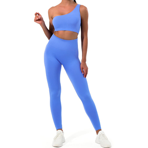 Ensemble de yoga sans couture pour femmes, couleur unie, soutien-gorge de sport asymétrique à une épaule, leggings taille haute, tenue de sport 2 pièces - Product Image 2