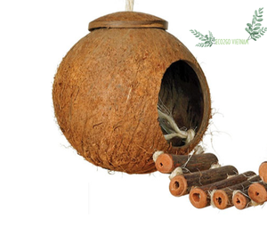 VENTE EN GROS 2025! CONCEPTION PERSONNALISÉE COQUILLE DE NOIX DE COCO MAISON D'OISEAUX/MAISON DE NID D'OISEAU DE NOIX DE COCO AVEC ÉCHELLE SUSPENDUE - Product Image 1
