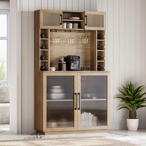 Moderno Mueble Alto de Madera para Despensa con Puertas de Vidrio Acanalado, Aparador Buffet para Cafetería con Estante para Vino para Cocina - Product Image 5