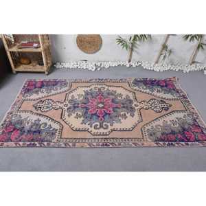 พรมตุรกีโบราณลายดอกไม้สีเบจสีฟ้า3.9 'x 6.8' วัสดุขนสัตว์เทคนิคสานแบนสำหรับตกแต่งห้องนั่งเล่นน้ำยาง - Product Image 3
