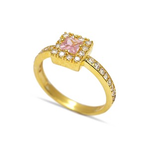 Pink Stone <b>Square</b> Design Clear Zircon Stone Cluster Ring Turkish Wholesale Handmade 925 Sterling Silver Jewelry - Product Image 1