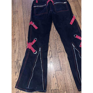 2026 Women's Gothic Red And <b>Black</b> Wide Leg Flare Pants With Zippers And Grommet - Product Image 6