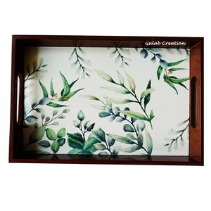 Bandeja de servicio de madera ecológica personalizada con estampado de hojas verdes Base decorativa bandeja de cocina para desayuno, té, aperitivos - Product Image 3