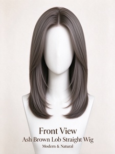Ash Brown Lob Straight <b>Wig</b> <b>Synthetic</b> Fiber Hair Natural Looking Medium Length Hairpiece for Daily Wear - Product Image 3