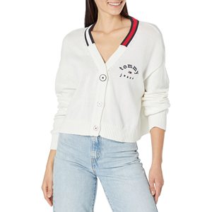 For Tommy for Hilfiger Women's Cropped <b>Cardigan</b> <b>Sweater</b> Bright White Medium-Casual Style Embroidery Button Wool Acrylic for - Product Image 1