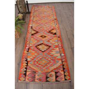 Tapis de couloir turc Kilim 3,1x9,5 pi (94x291 cm), tapis persan vintage orange - Product Image 1