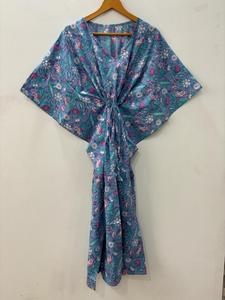 Bleu ciel Floral bloc imprimé Caftan longue courte coton robe de nuit Bikini couverture pour femmes parole longueur Maxi robe lavable décontracté - Product Image 6