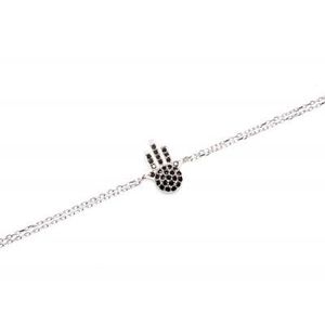 Bracelet à double chaîne en argent sterling 925 avec main de Fatima et pierre noire, élégant et raffiné, pour femme - Product Image 4