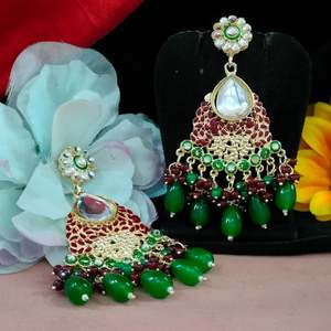 Traditional Indian Kundan <b>Earrings</b> with Coloured <b>Pearls</b> Beautiful <b>Dangle</b> Style for Wedding Celebrations - Product Image 2