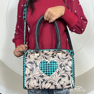 New Hand <b>Tooled</b> Genuine <b>Leather</b> Speedy Duffle Bag with Turquoise Checkered Heart Design Western Floral Cowhide Handbag for Women - Product Image 1
