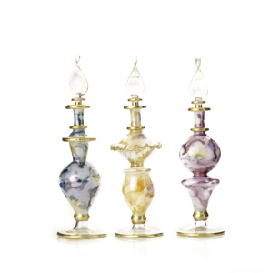 Hand Blown Purple Glass Perfume <b>Bottle</b> With Gold Accents Flower Theme Decorative Decanter 12cm Mantel Centerpiece - Product Image 1