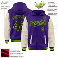 Blouson universitaire unisexe personnalisé bicolore avec capuche, 100 % coton, violet et noir, pour l'hiver, avec fermeture intégrale à boutons-pression, style bomber, vert fluo