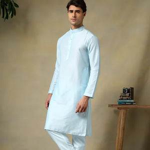 <b>Men</b> Sky Blue Cotton Silk Kurta <b>Pajama</b> <b>Set</b> | Summer Casual Breathable Mandarin Collar Geometric Woven Designer Ethnic Wear - Product Image 1