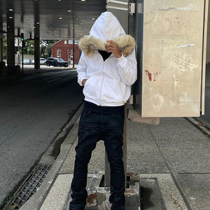 OEM Wholesale Custom Blank Solid Heavyweight Cotton Zip up Distressed Faux Fur Hood Cropped <b>Hoodies</b> for Men's <b>Hoodies</b> - Product Image 1