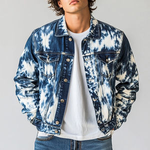 เสื้อแจ็คเก็ตยีนส์ผู้ชายพิมพ์ลายโลโก้แบบโบราณ สไตล์สตรีทแวร์ สำหรับกิจกรรมกลางแจ้ง ไซส์ใหญ่ ติดกระดุม  ลายมัดย้อม - Product Image 3