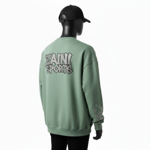 Sweat-shirt oversize pour homme en molleton de coton premium 320 GSM, vert sauge doux, avec strass, logo personnalisé par transfert thermique, sweat-shirts basiques - Product Image 5