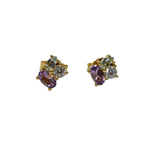 Expédition immédiate - Boucles d'oreilles classiques en argent 925 plaqué or 14 carats avec améthyste naturelle et topaze bleu ciel, modèle E-12077-C, personnalisables, vente au détail - Product Image 1