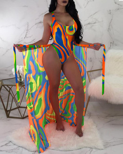 Nouveau maillot de bain <span class=keywords><strong>bikini</strong></span> trois pièces pour femme, avec chemisier en maille et imprimé contrastant, idéal pour les sources chaudes - Product Image 4