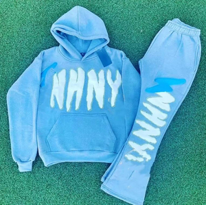 Chándal personalizado con apliques bordados para hombre, chándal acampanado de gran tamaño de algodón 100%, conjunto de Sudadera con capucha lavada con ácido para correr - Product Image 1