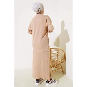 Ensemble Jupe Demi Col Roulé en Velours Côtelé 2 Pièces Beige - Product Image 4